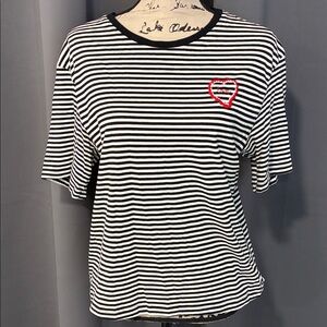 H&M Black and White Striped Tee with Red Heart